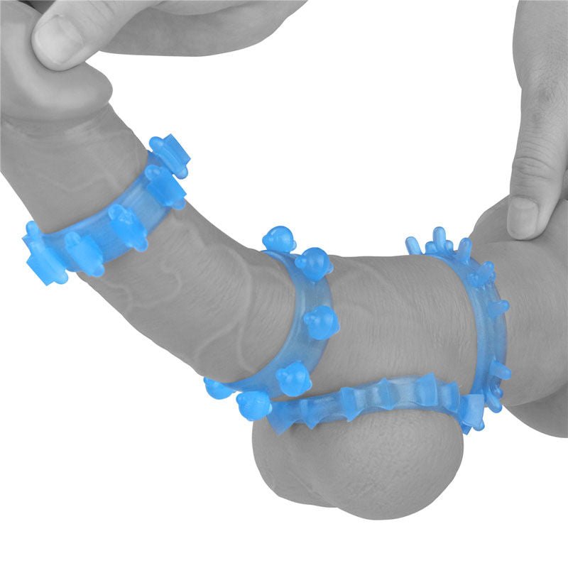 Lovetoy - lumino play cock rings 4 pack - Product side view, show on a penis  | Flirtybay.com.au